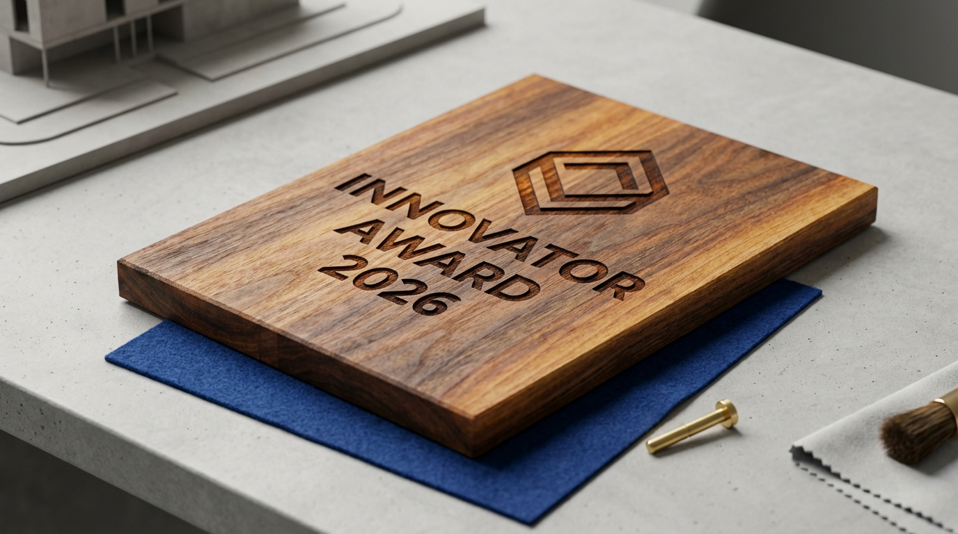 A wooden award plaque engraved with the text 'Innovator Award 2026' and a geometric logo, placed on a desk with a blue cloth underneath.