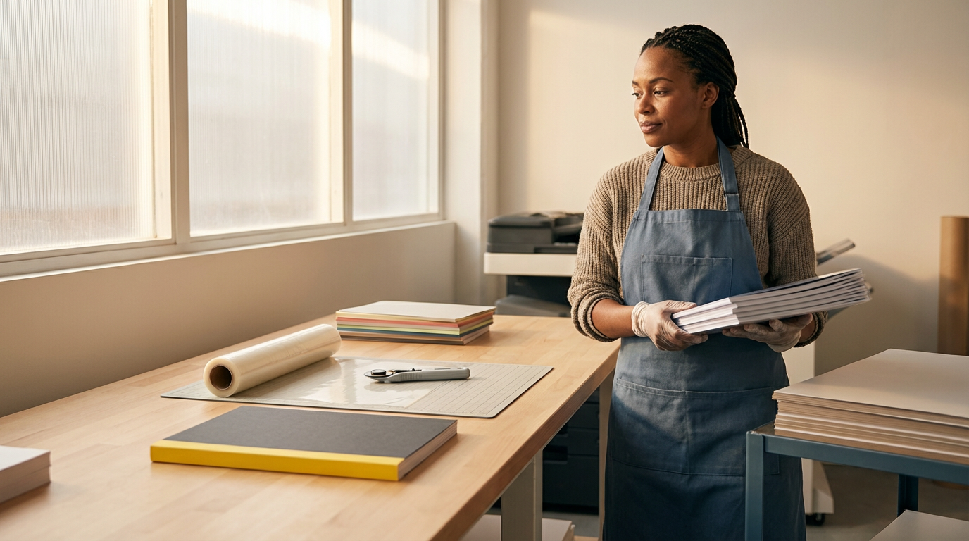 Woman in a gray apron and gloves holding stacks of paper in a workspace with cutting tools, stacks of paper, and a window with natural light.