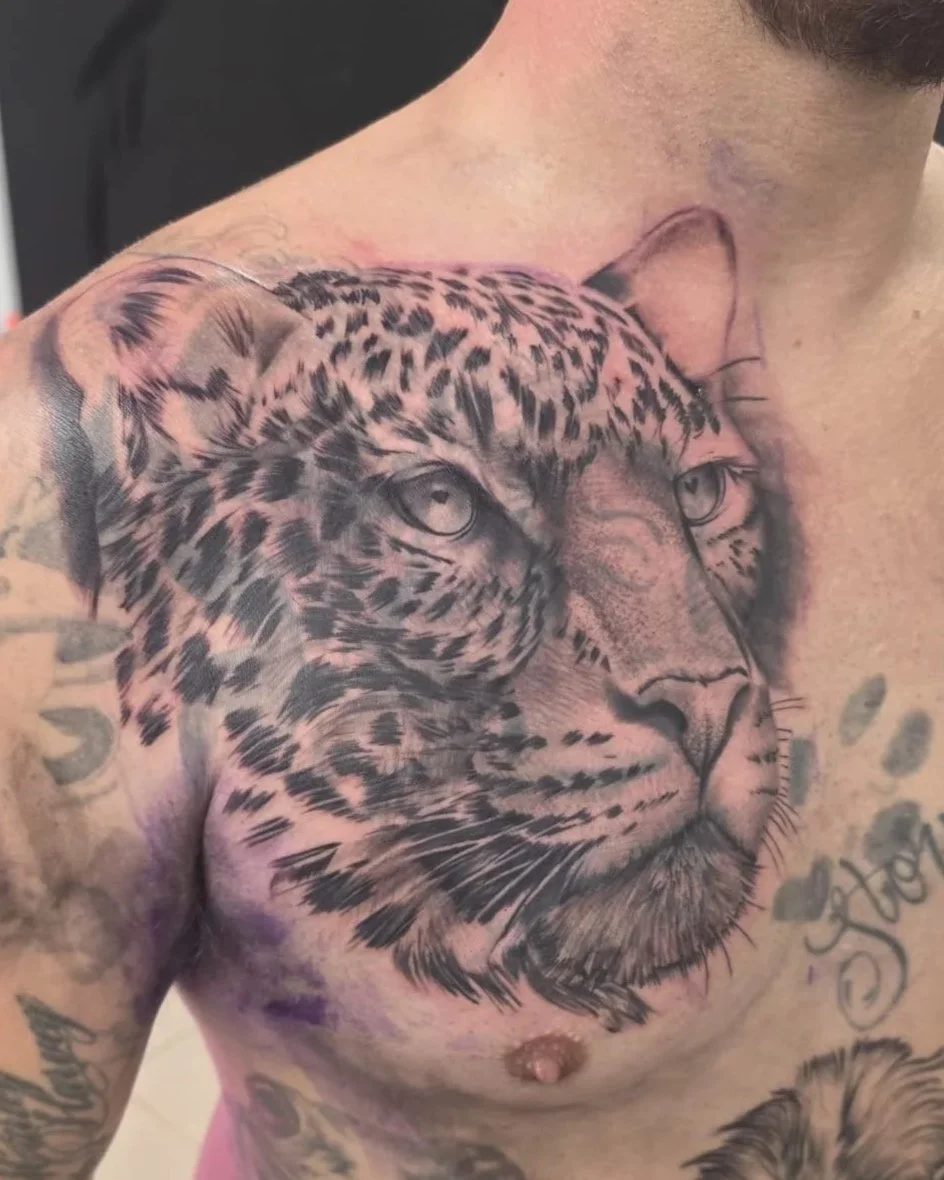 Close-up of a detailed leopard tattoo covering a person's upper chest and shoulder