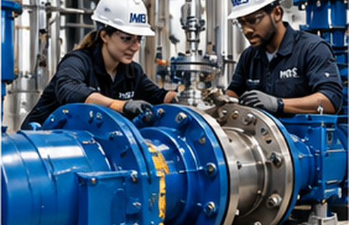 Two industrial technicians in helmets inspect a large blue and stainless steel pipeline valve in a factory.
