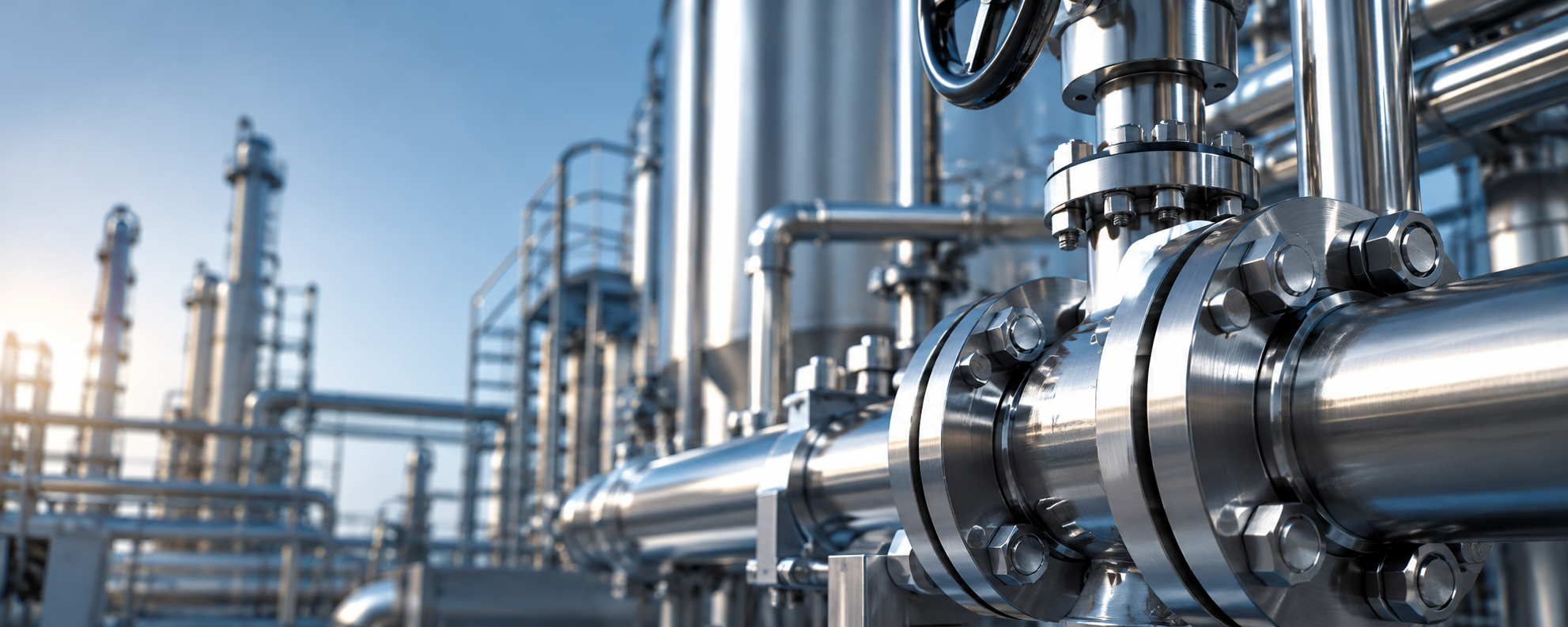 Close-up of stainless steel pipes, valves, and flanges in an industrial processing plant