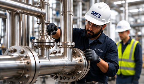 Industrial technician wearing an IMES hard hat inspecting stainless steel piping and valves in a factory