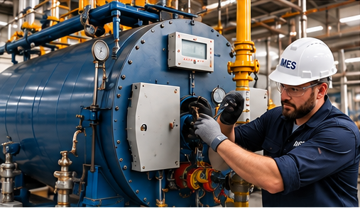 Industrial technician in safety gear inspecting a large blue boiler or pressure vessel with gauges, valves, and piping