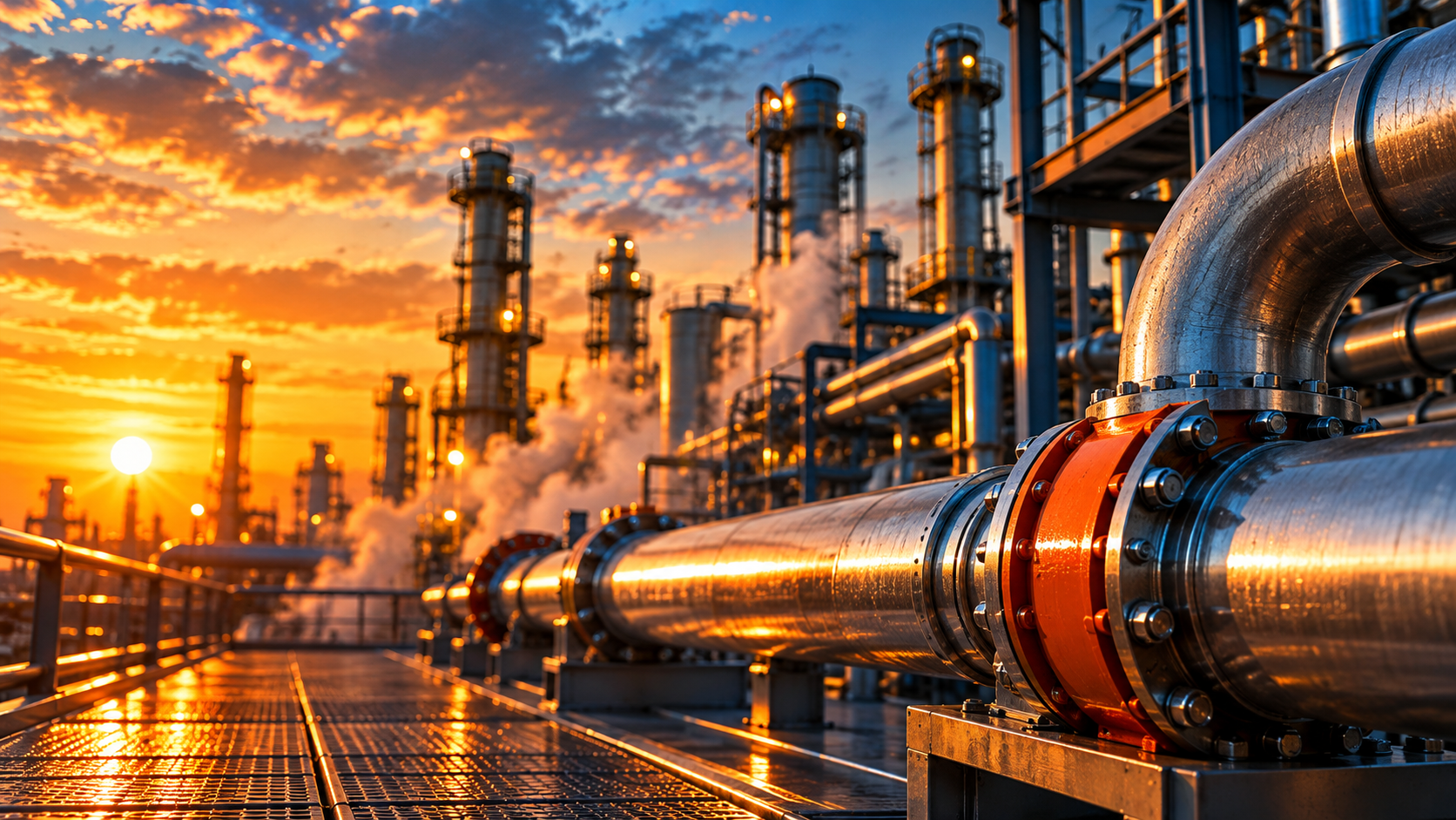 Oil refinery with large industrial pipelines, processing towers, steam, and glowing sunset sky