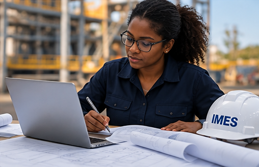 Engineer wearing safety glasses reviewing blueprints and taking notes beside a laptop and hard hat