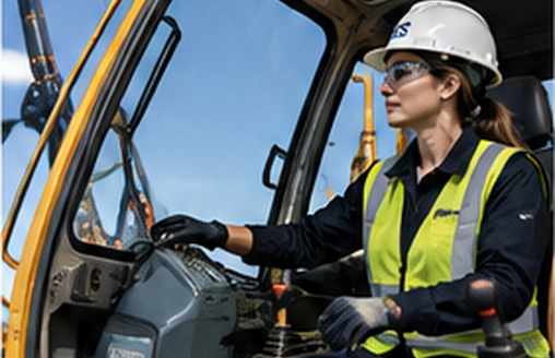 Construction worker wearing a hard hat and high-visibility vest operating heavy equipment from the cab.