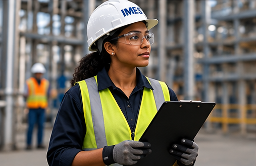 Female construction engineer in hard hat, safety vest, and gloves holding a clipboard at an industrial construction site