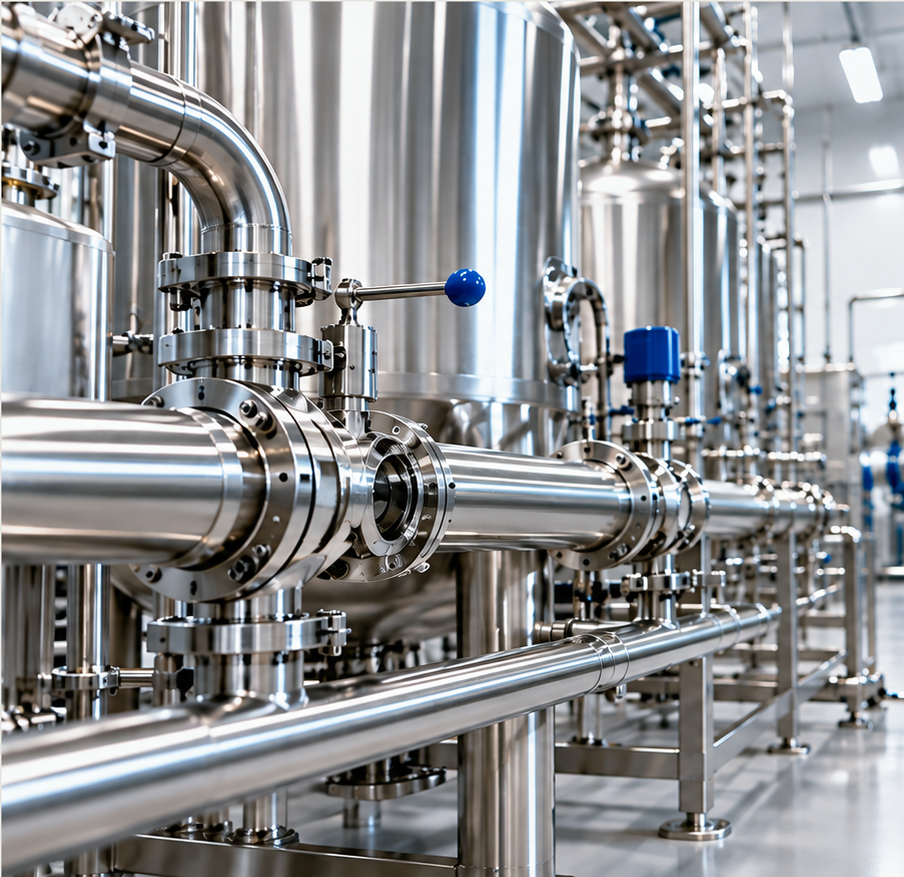 Stainless steel industrial processing pipes, valves, and tanks in a clean manufacturing facility