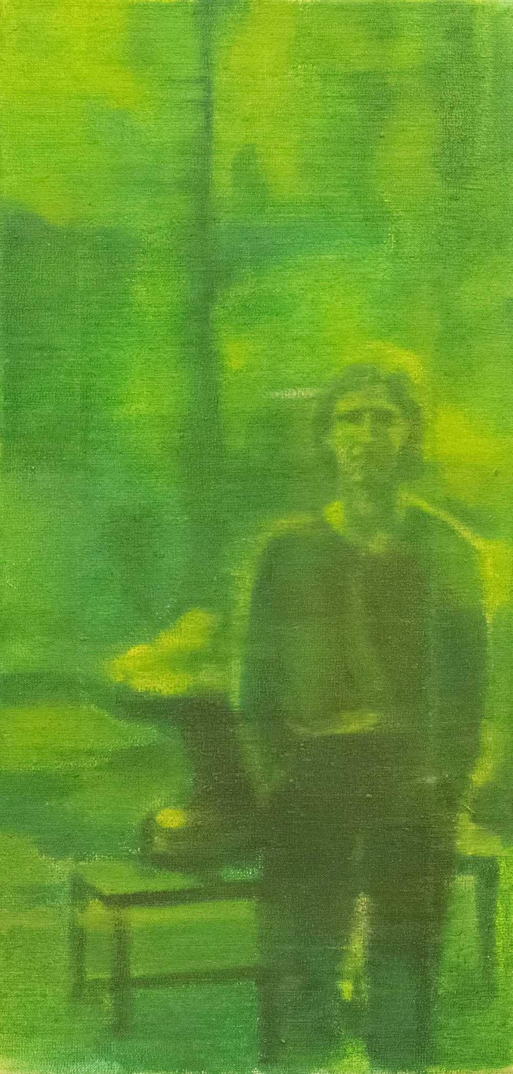 Man at table no. 7 | 2024 | Oil on Canvas | 20 x 40 cm | Justine Wesselo
