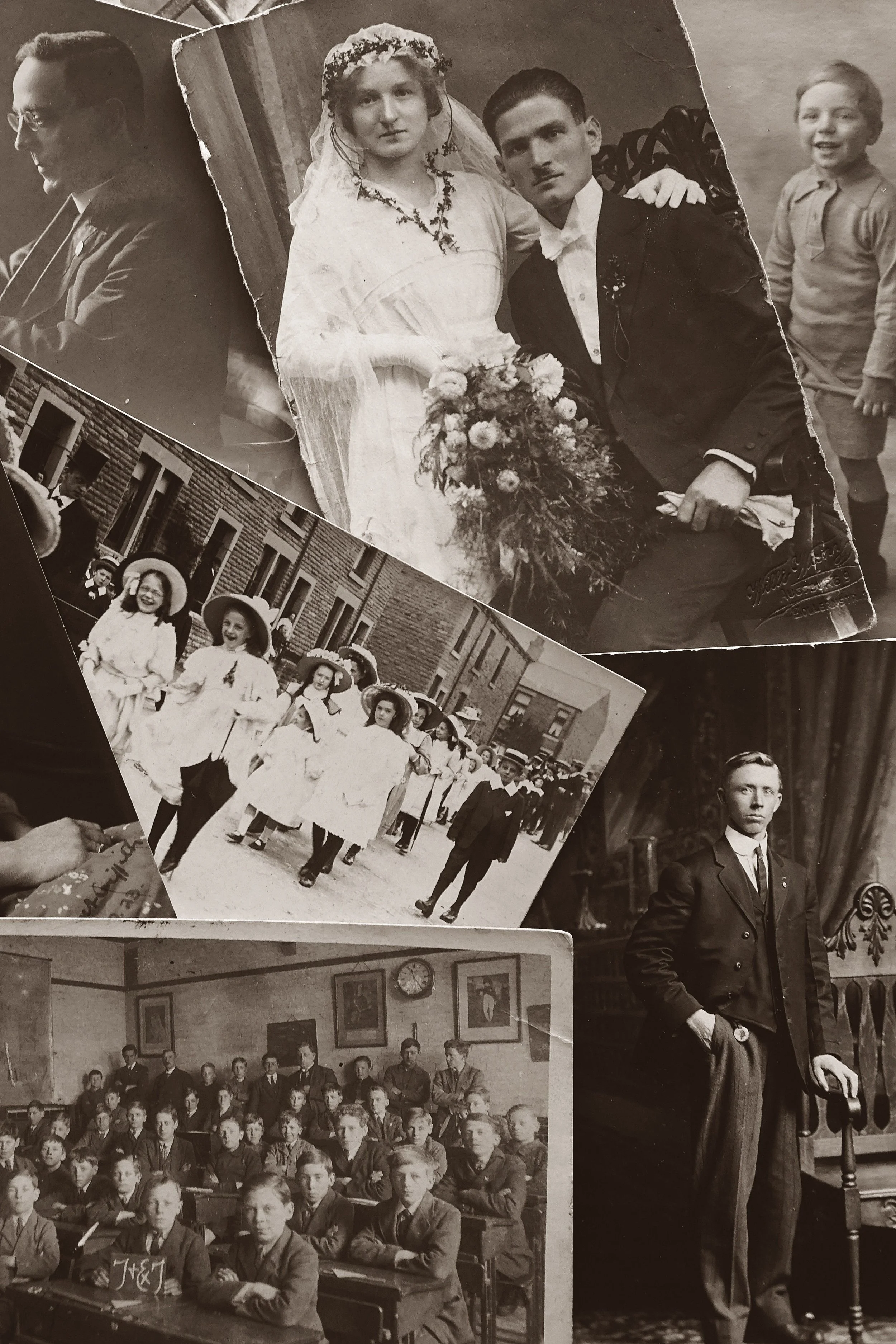 Collage de vieilles photographies anciennes et portraits de famille, illustration de la psychogénéalogie et de l'arbre généalogique.