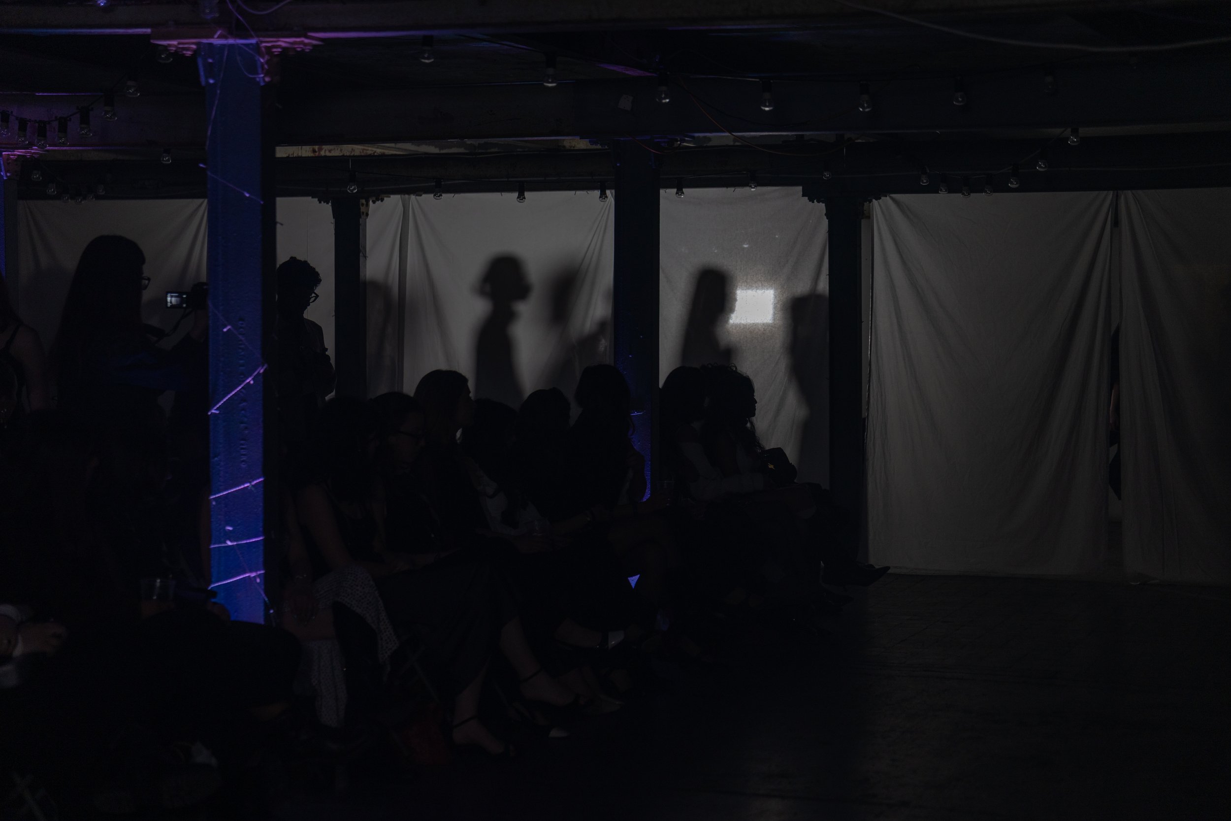 A dark indoor space with silhouettes of people sitting and standing, shadows cast on a white curtain backdrop, some people are using mobile phones, and faint purple lighting is visible at the top.