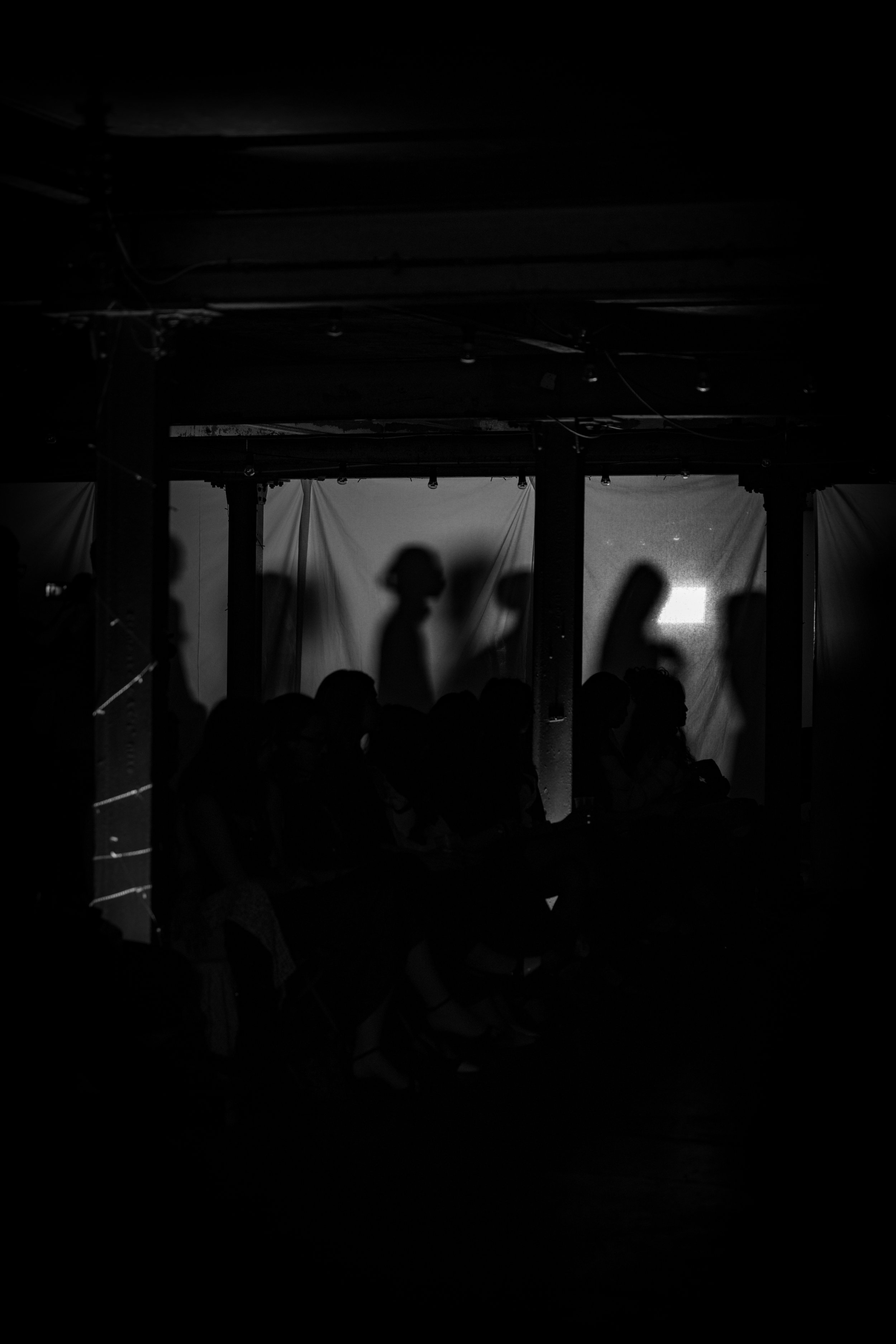 Silhouettes of people seated, with a bright light source in the background, partially obscured by a curtain, within a dark room or venue.