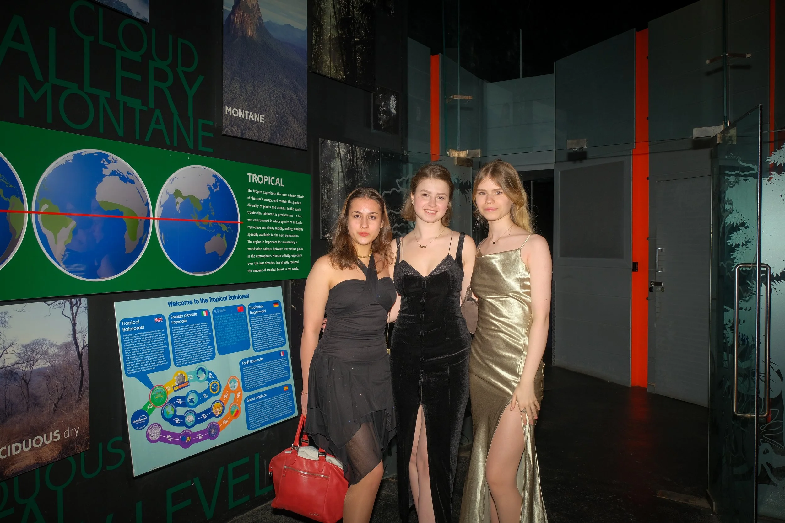 Three young women standing in front of an educational display about mountains and tropical rainforest, at an indoor exhibit or museum.