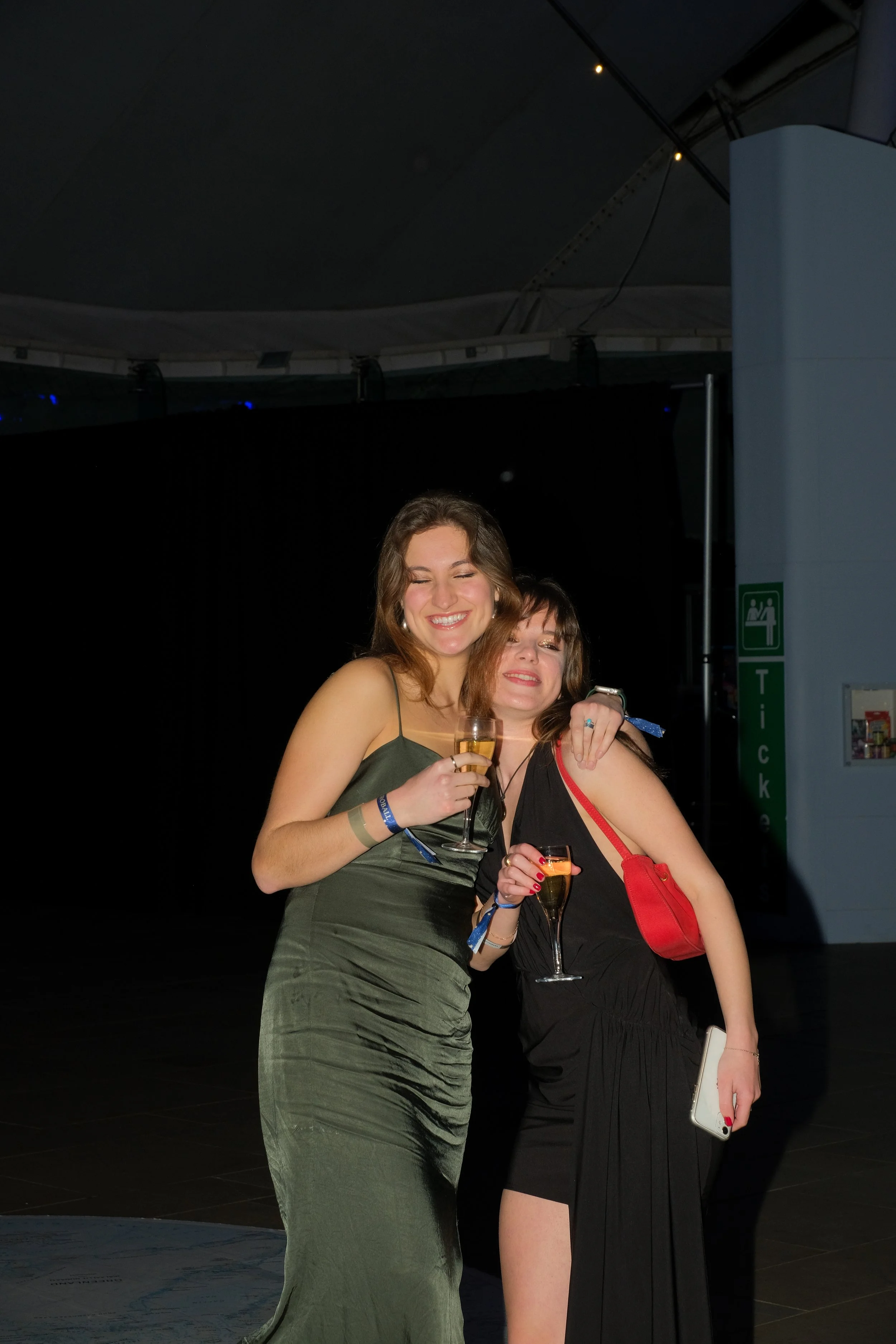 Two women in evening dresses holding glasses of champagne, smiling, at a party or celebration.