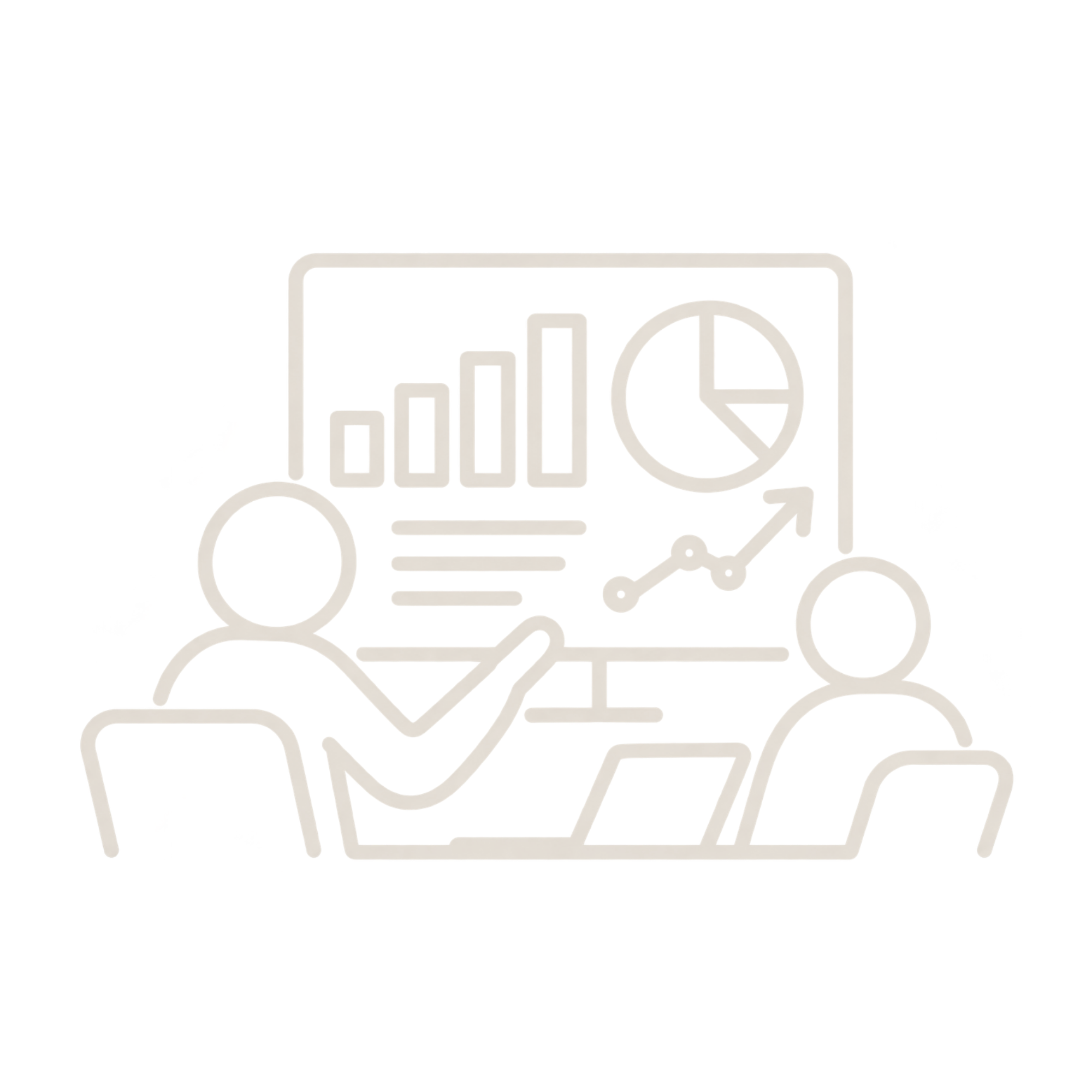 Line illustration of a business analytics dashboard with bar chart, pie chart, trend graph, and people collaborating