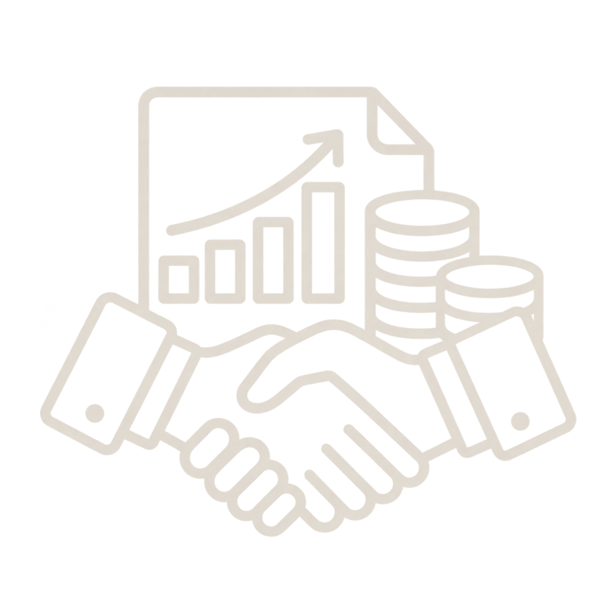 Line illustration of business analytics, featuring a rising bar chart, database, documents, and a calculator.