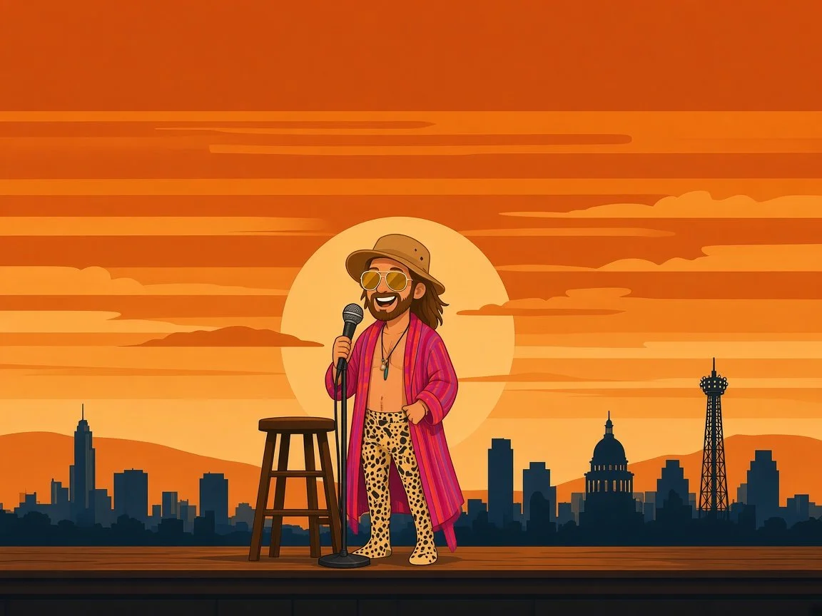 Illustration of a bearded singer in sunglasses, hat, colorful robe, and leopard-print pants performing with a microphone against a sunset city skyline