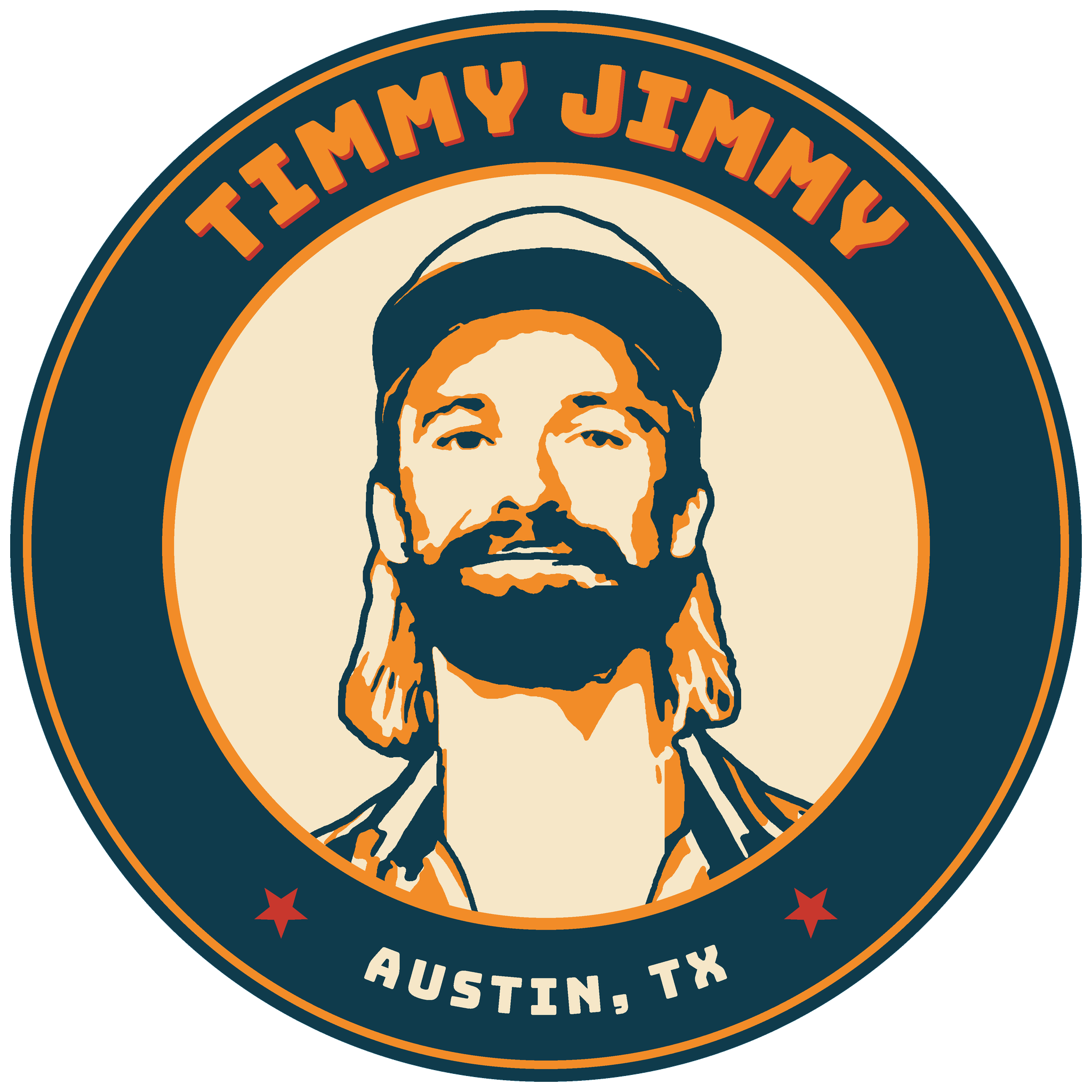 Vintage-style Timmy Jim men's grooming logo featuring a bearded man in a circular badge labeled Austin, TX