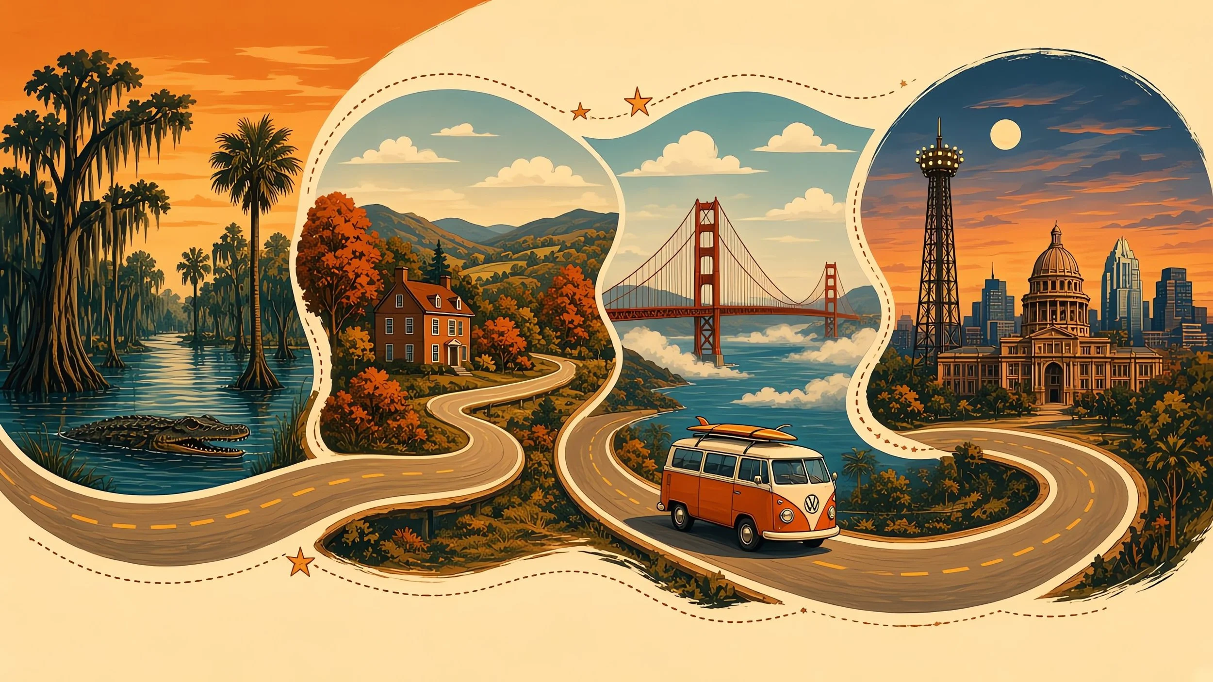 Vintage travel collage featuring Florida wetlands with an alligator, mountain road and house, the Golden Gate Bridge, and San Francisco landmarks with a retro Volkswagen van