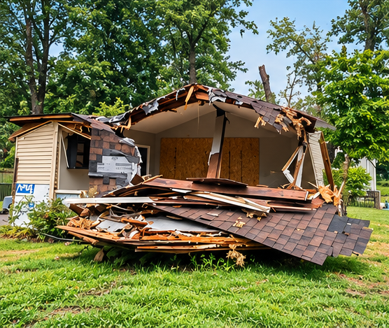 Damaged house with collapsed roof and broken walls from storm or accident, surrounded by green grass and trees.