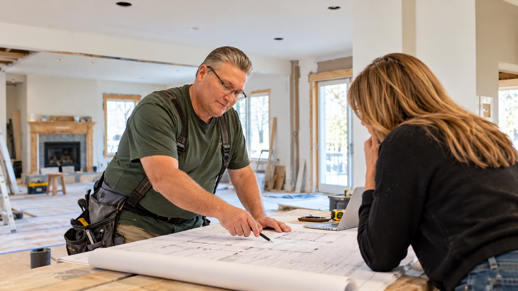 A man and woman look at blueprints on a construction site inside a house under renovation with tools and building materials around.