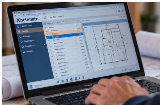 Laptop displaying architectural floor plans and a list of data in a blue and white interface.
