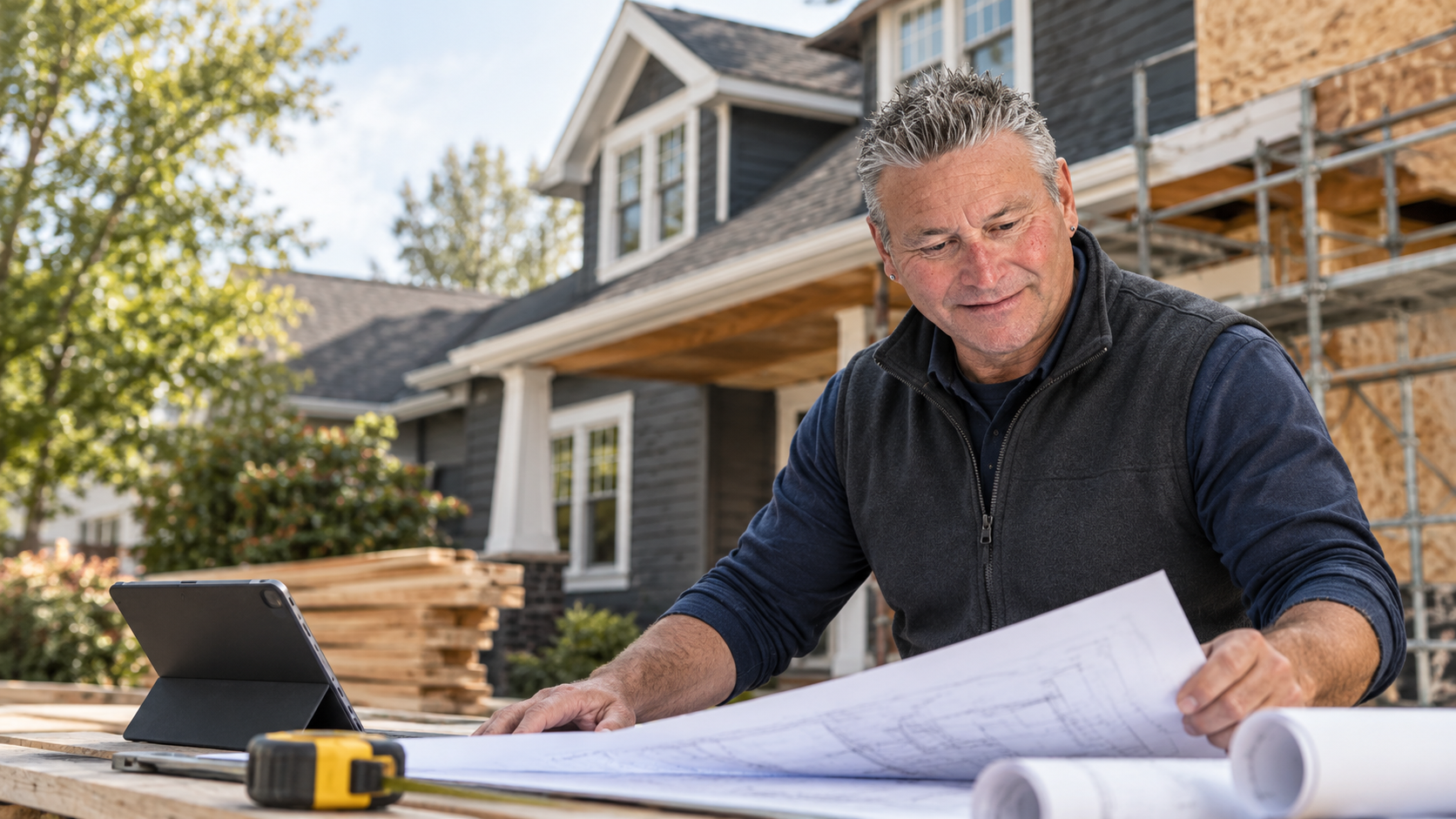 A man reviewing blueprints at a construction site of a house, with scaffolding on the house and a tablet on a wooden table.