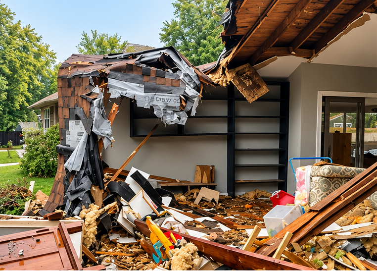 A collapsed part of a house's roof and wall with debris scattered on the ground, including wood, insulation, and household items.
