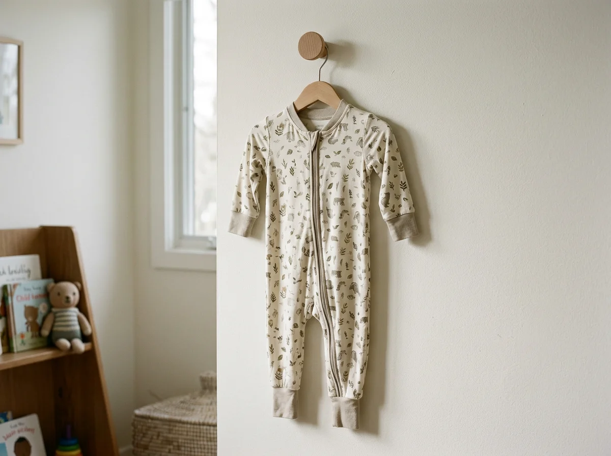 Patterned baby sleeper hanging on a wooden wall hook in a nursery