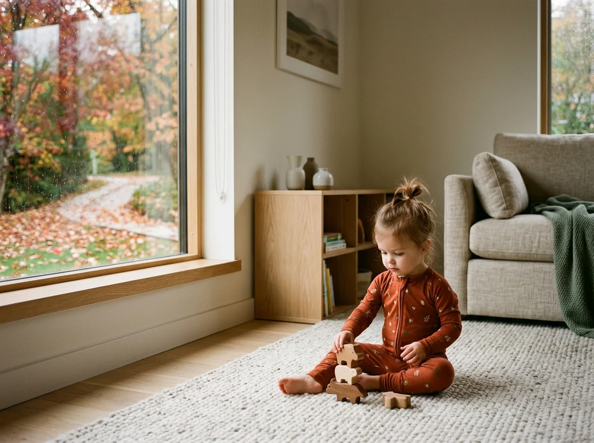 Toddler playing with wooden toys on a rug in a cozy living room beside a large window overlooking an autumn garden