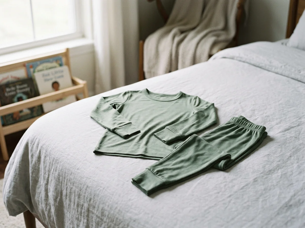 Sage green long-sleeve children's pajamas laid on a white bed