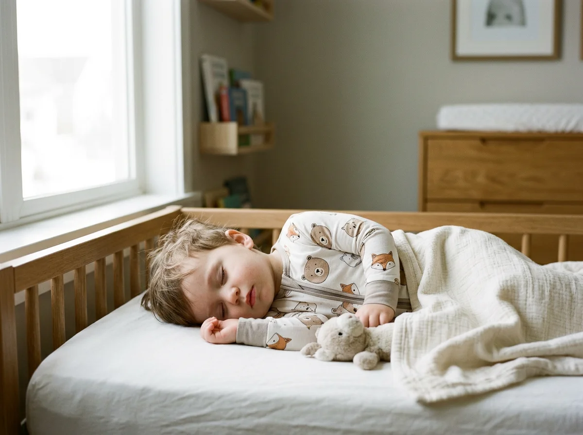 Sleeping child in animal-print pajamas cuddling a stuffed bunny in a wooden crib