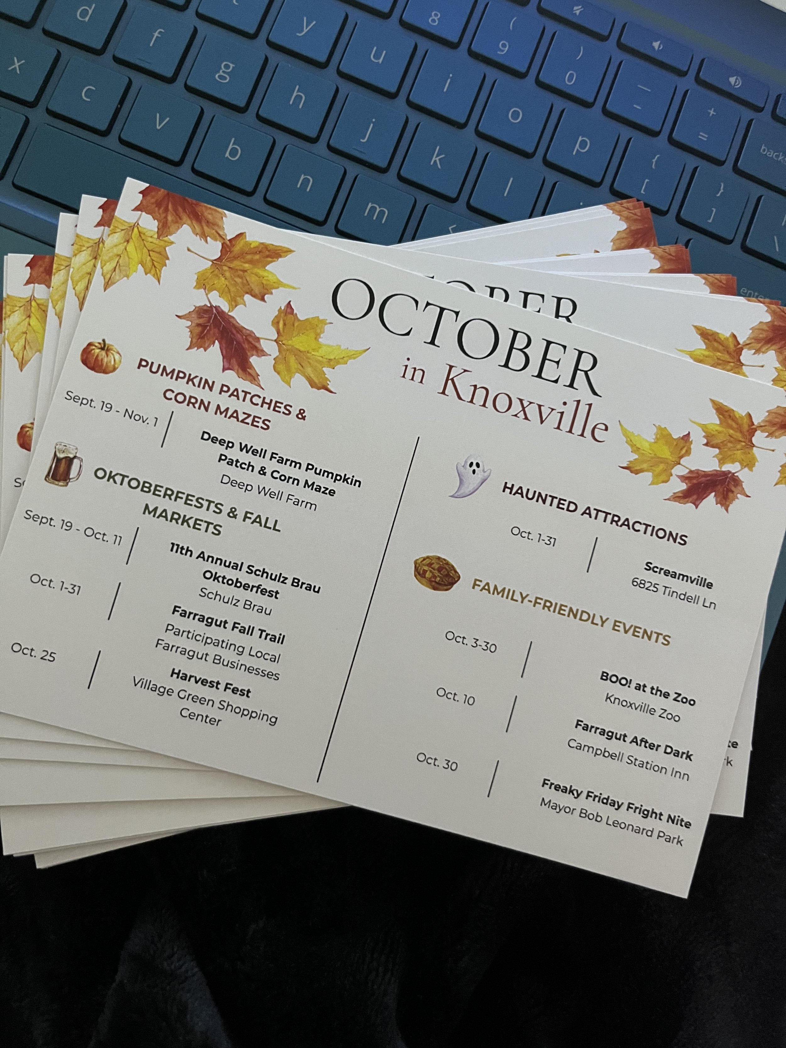 Fall events calendar featuring October activities in Knoxville, Tennessee, resting on a blue laptop keyboard.