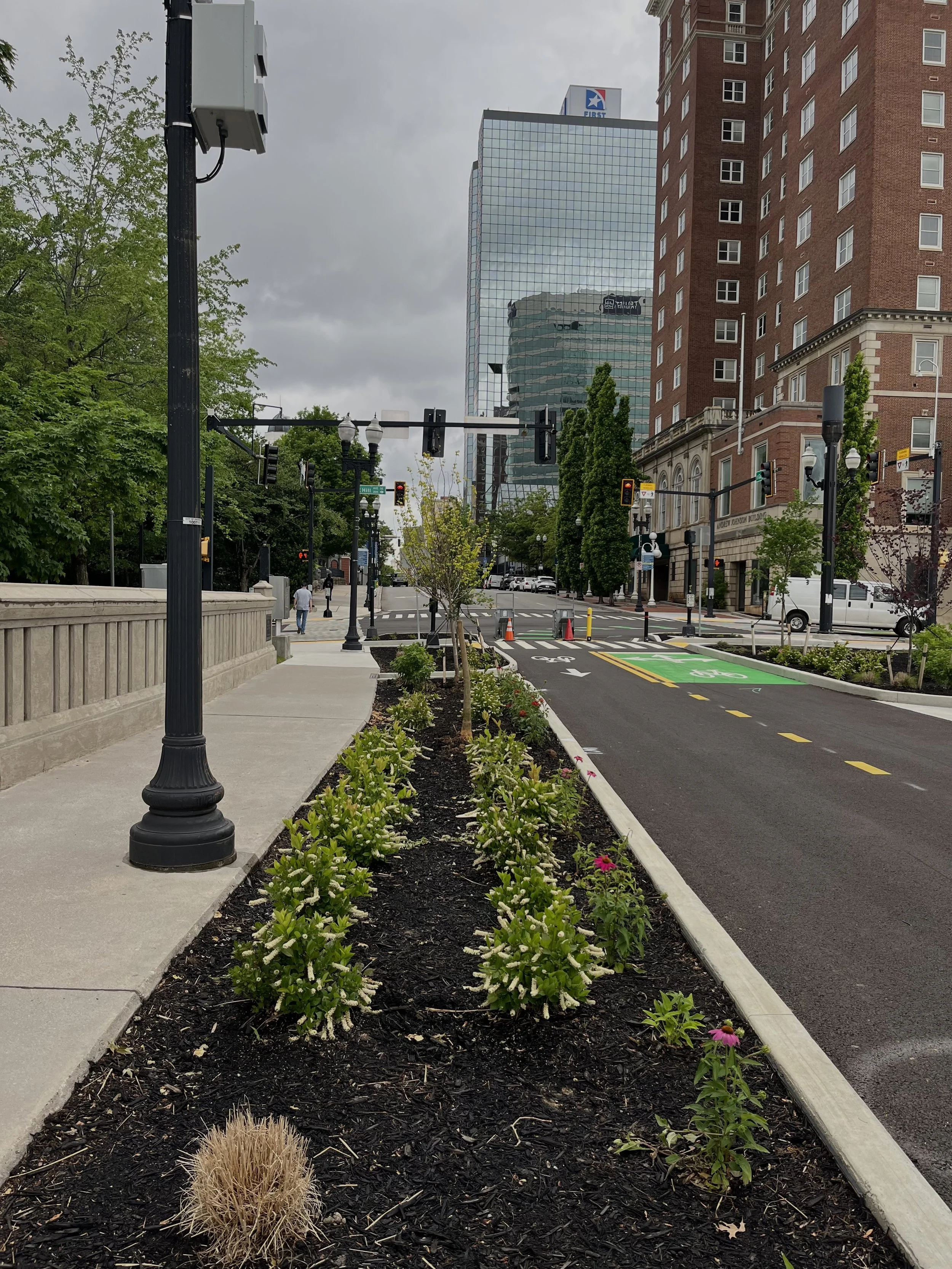 Downtown street with landscaped bike lanes, historic brick buildings, a modern First Bank tower, traffic lights, and pedestrians under an overcast sky