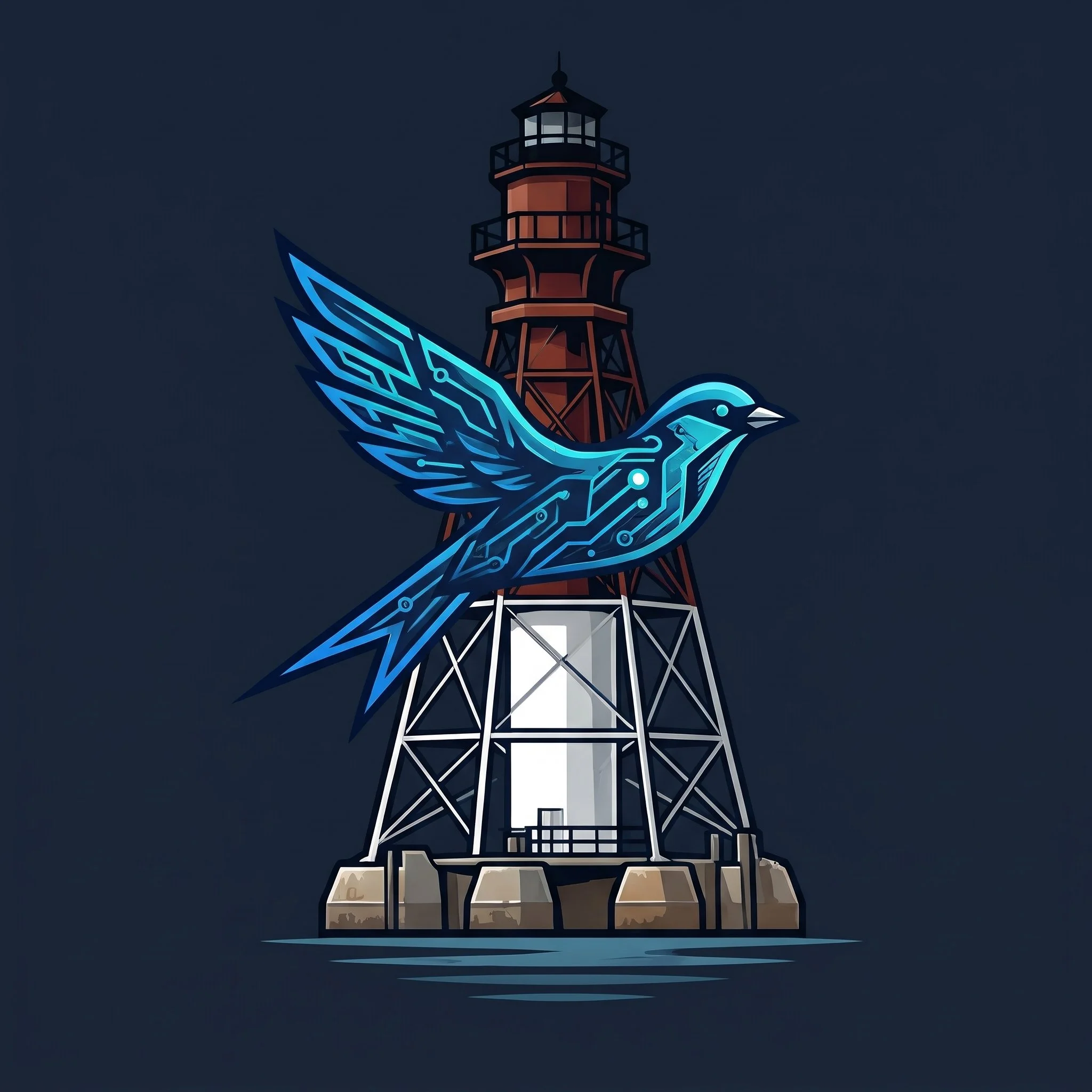 Illustration of a modern lighthouse with a digital blue bird overlay on a dark background.