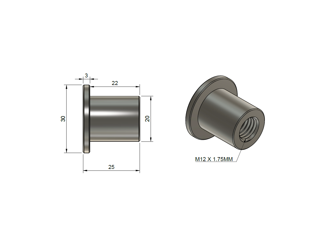 M12 × 25mm EN8 weld-in threaded steel bushes with M12 × 1.75mm thread