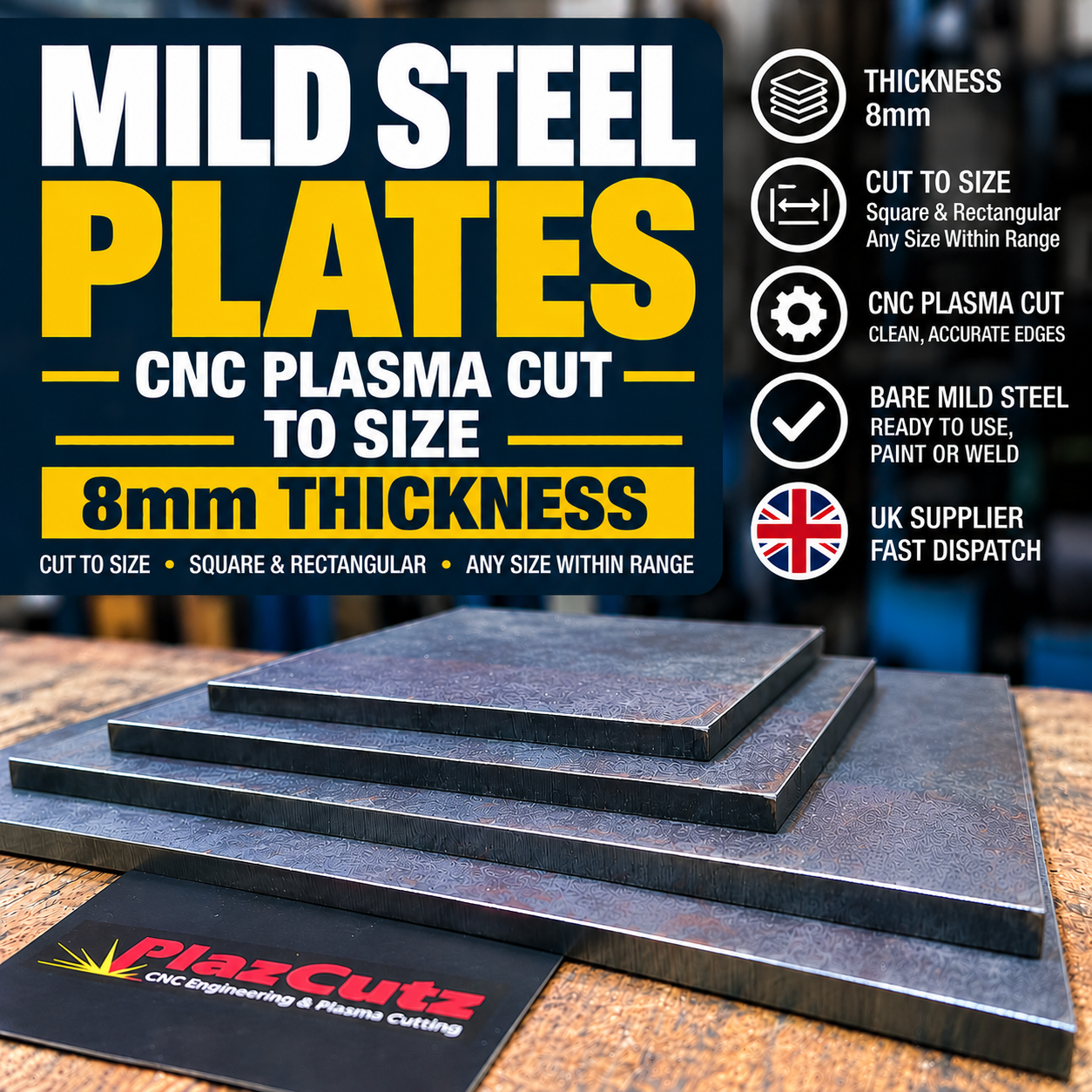 8mm S275 mild steel plates CNC plasma cut to size in Lancashire. Heavy-gauge square and rectangular bare steel plates for fabrication and workshop use.