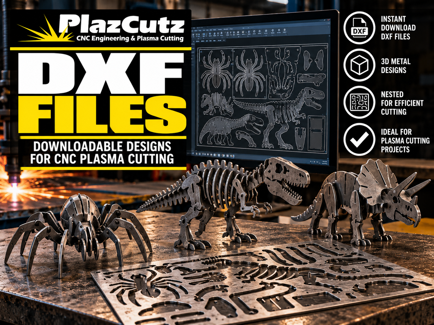 Explore downloadable DXF files for CNC plasma cutting, including nested sheet layouts for creating 3D metal models, dinosaurs, spiders and other assembly projects.