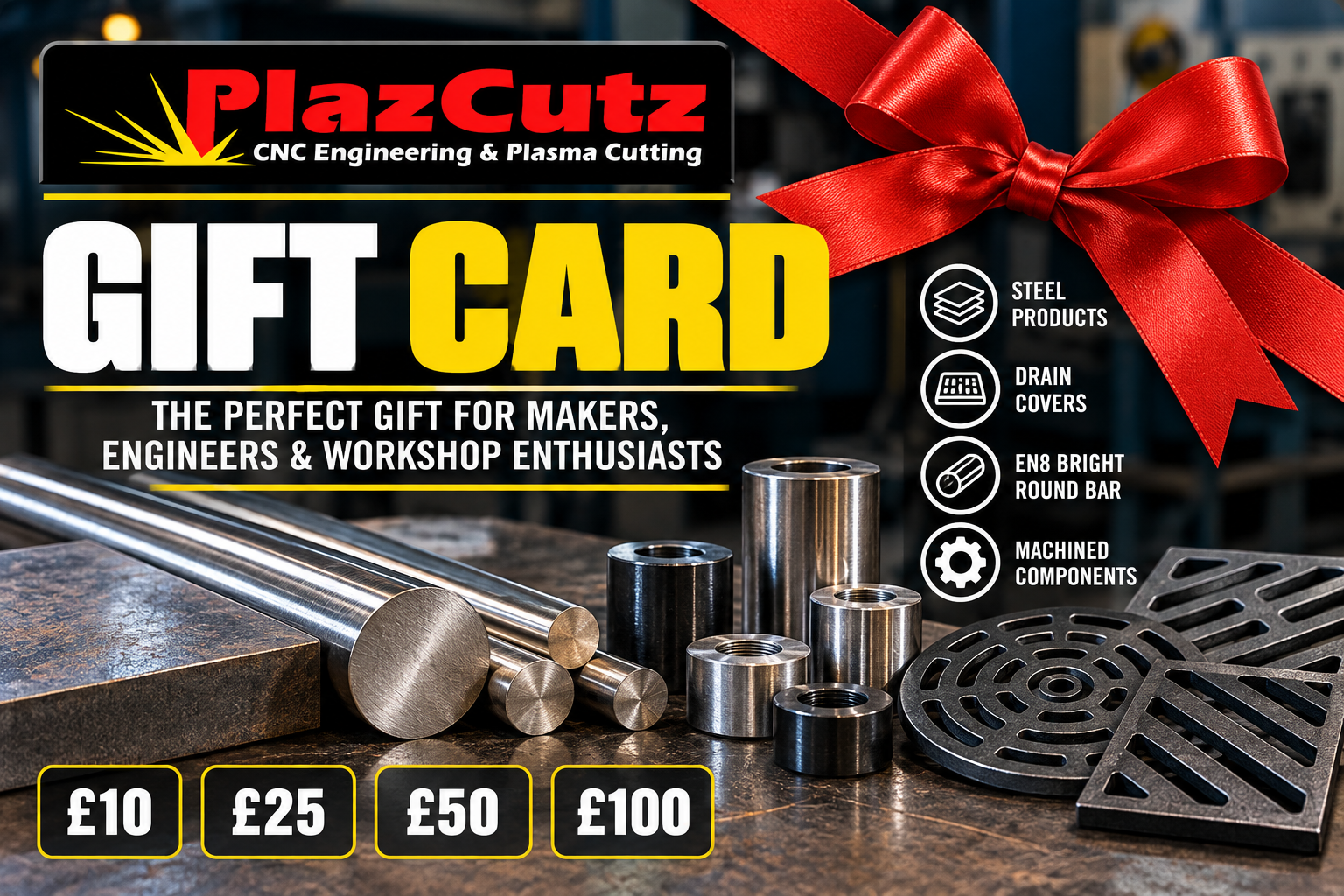 PlazCutz digital gift card for steel products, drain covers, EN8 round bar and machined components.
