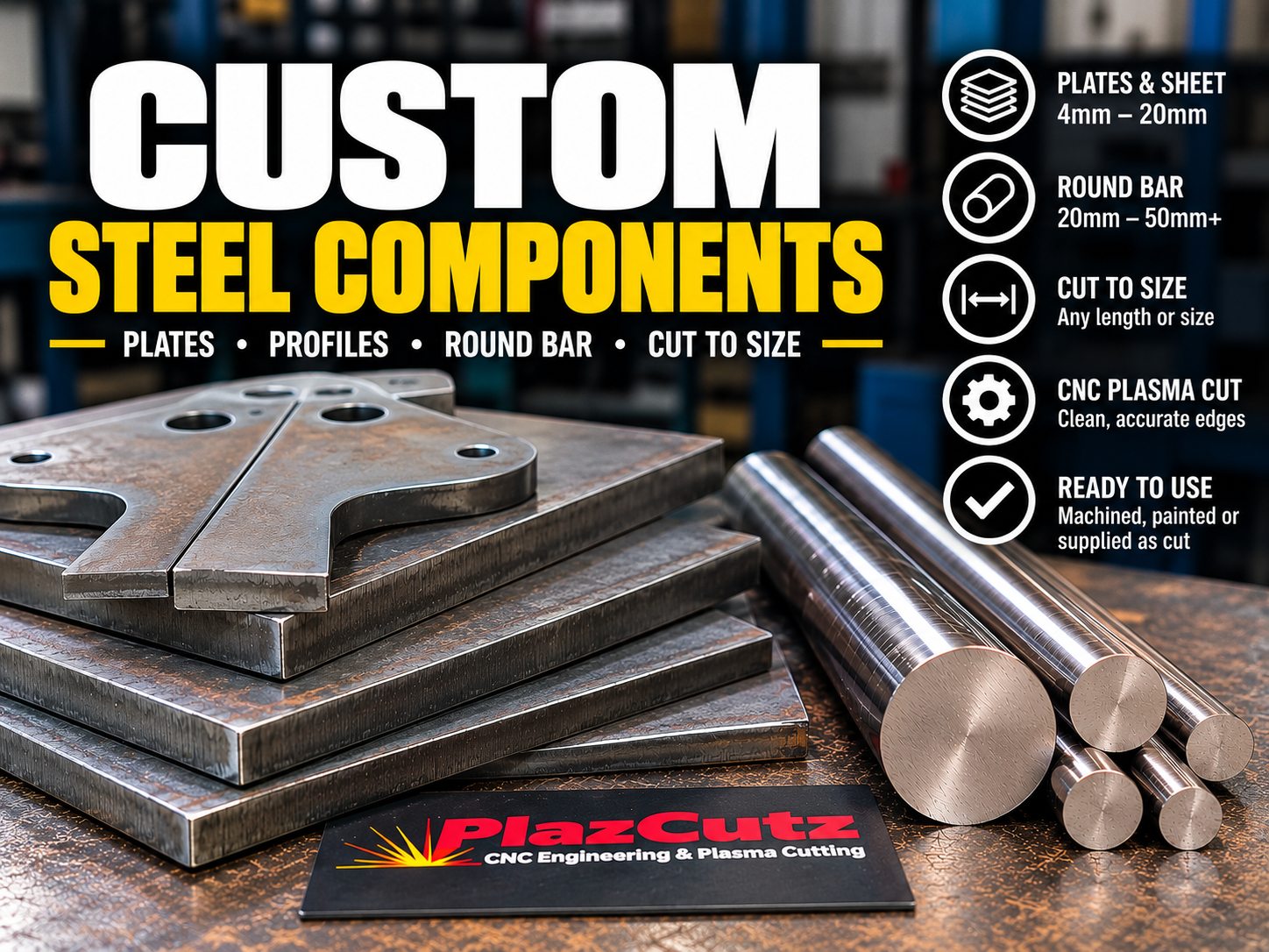 Custom CNC cut steel plates, profiles and round bars manufactured by PlazCutz for engineering and fabrication. (Copy) (Copy) (Copy) (Copy) (Copy)