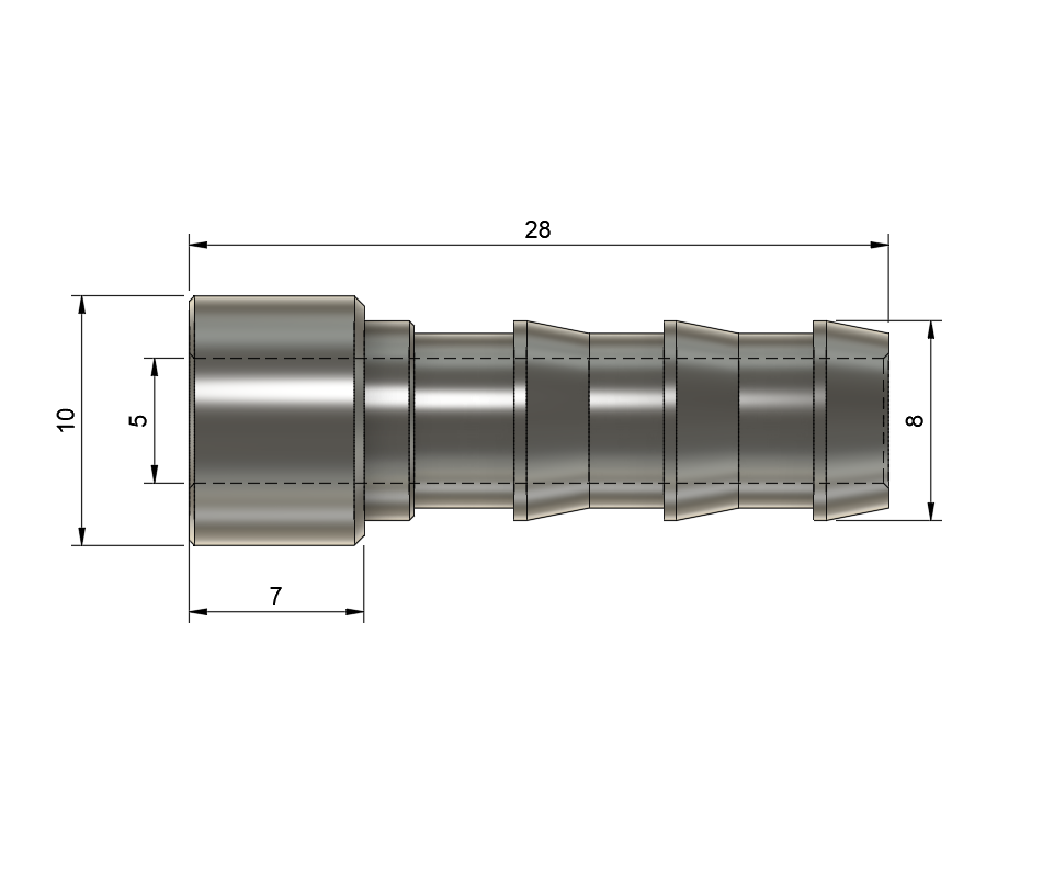 Technical drawing of a aluminium weld-on barbed hose fitting