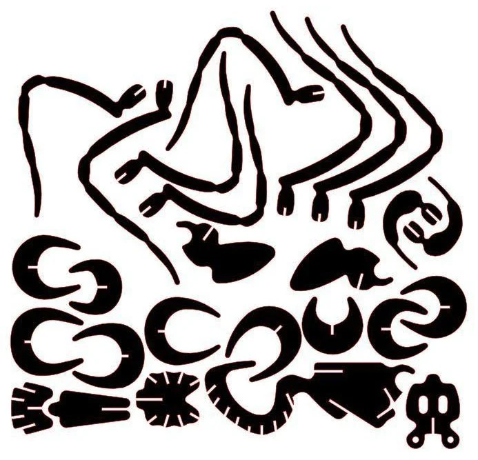 Spider 3D DXF cutting file showing black silhouette profiles of eight legs, interlocking body sections and connecting pieces for CNC plasma cutting a slot-together metal spider model.