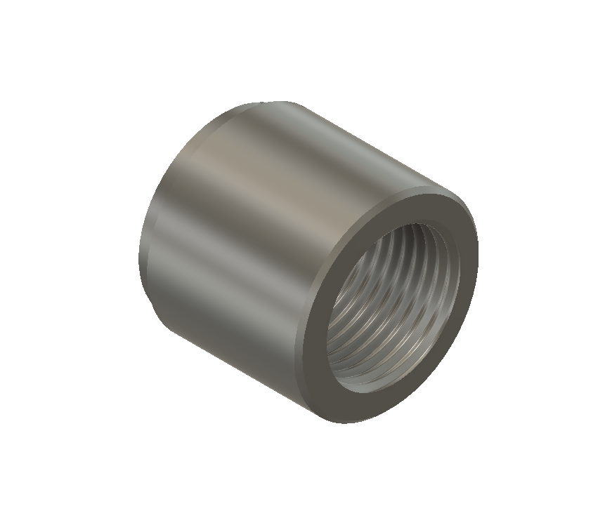 CAD rendering of a 3/8 BSP female weld-on aluminium boss, showing the cylindrical CNC turned body and internal threaded connection.