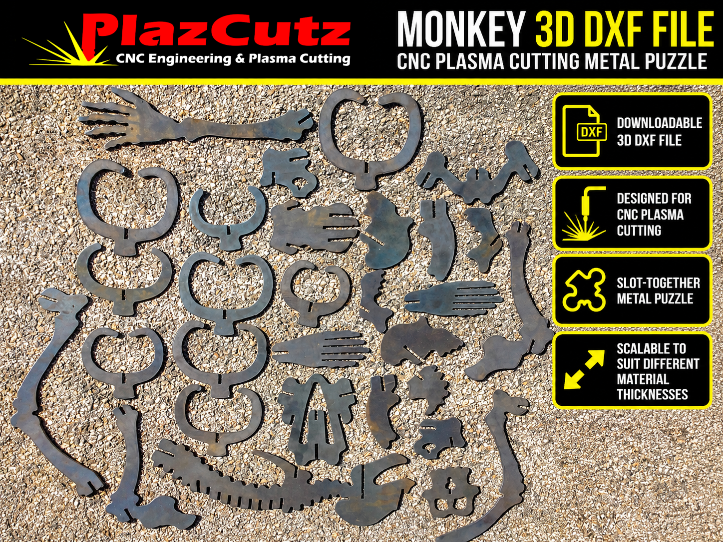 PlazCutz Monkey 3D DXF file for CNC plasma cutting, showing individual plasma-cut steel components including arms, hands, body sections and interlocking parts for assembling a 3D metal monkey puzzle.
