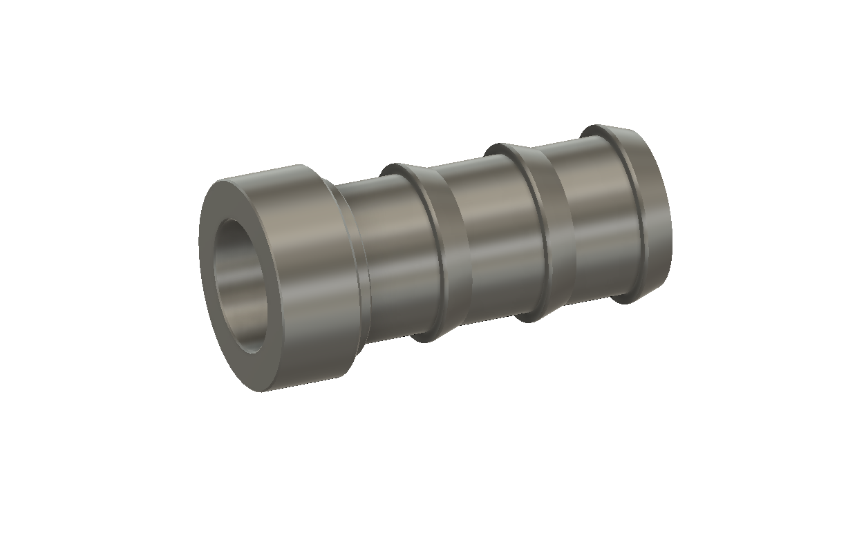 Rear angled CAD view of an aluminium weld-on barbed hose tail fitting showing the hollow bore, welding base and three hose retention barbs. (Copy) (Copy) (Copy)