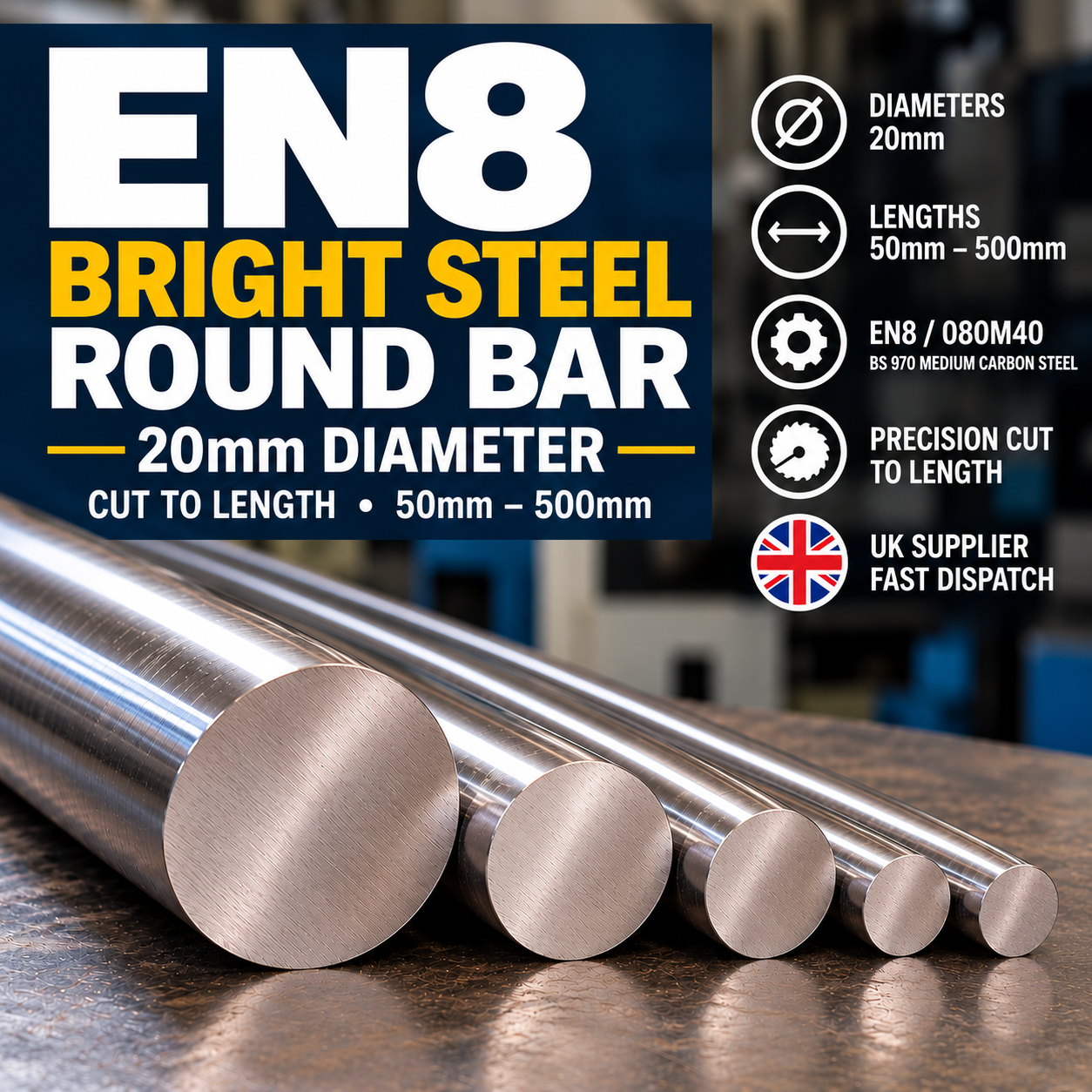 20mm diameter EN8 080M40 bright steel round bar, available in 50mm to 500mm cut lengths. Medium-carbon engineering steel supplied by PlazCutz UK.