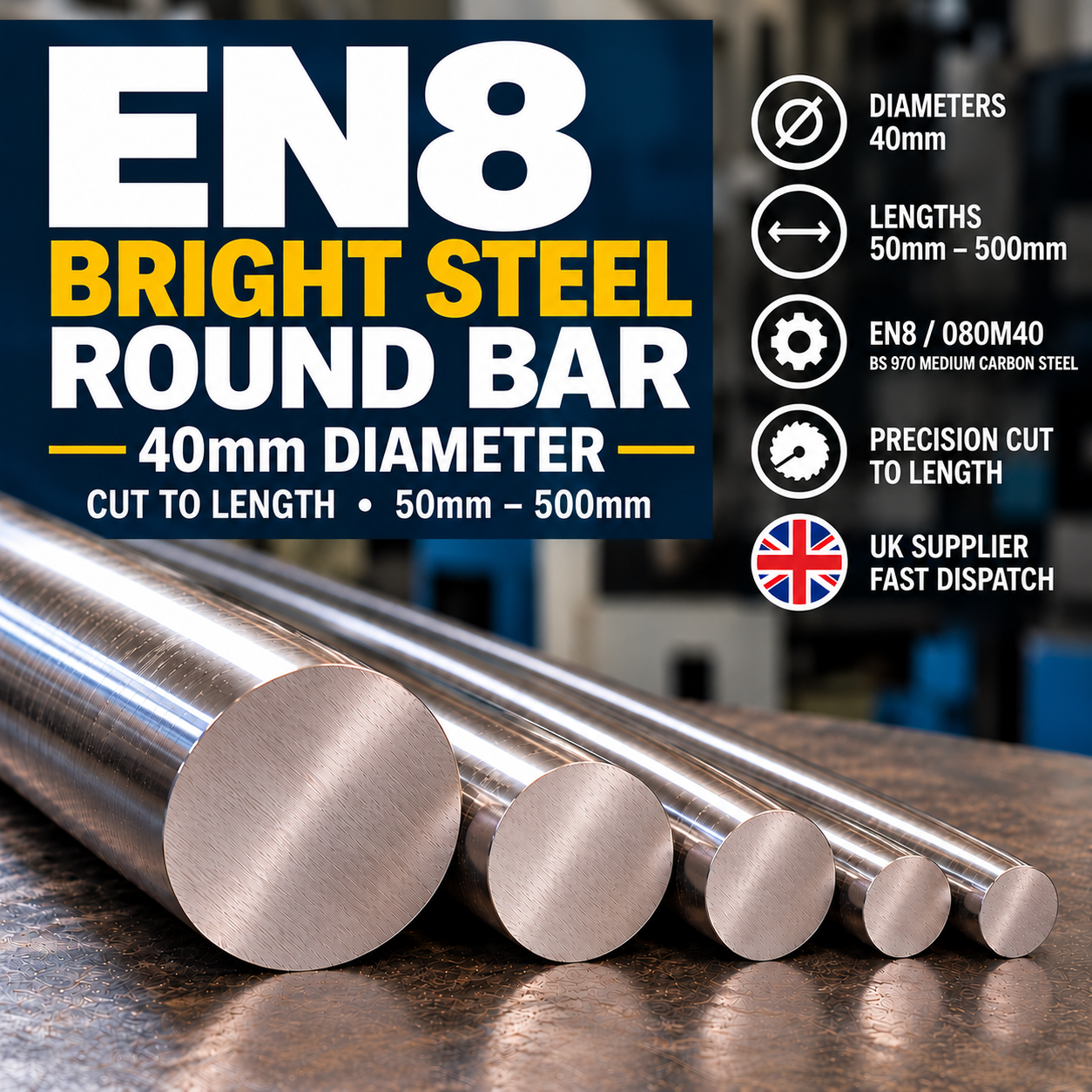 40mm diameter EN8 080M40 bright steel round bar available in 50mm to 500mm lengths. Medium-carbon round engineering steel supplied by PlazCutz.