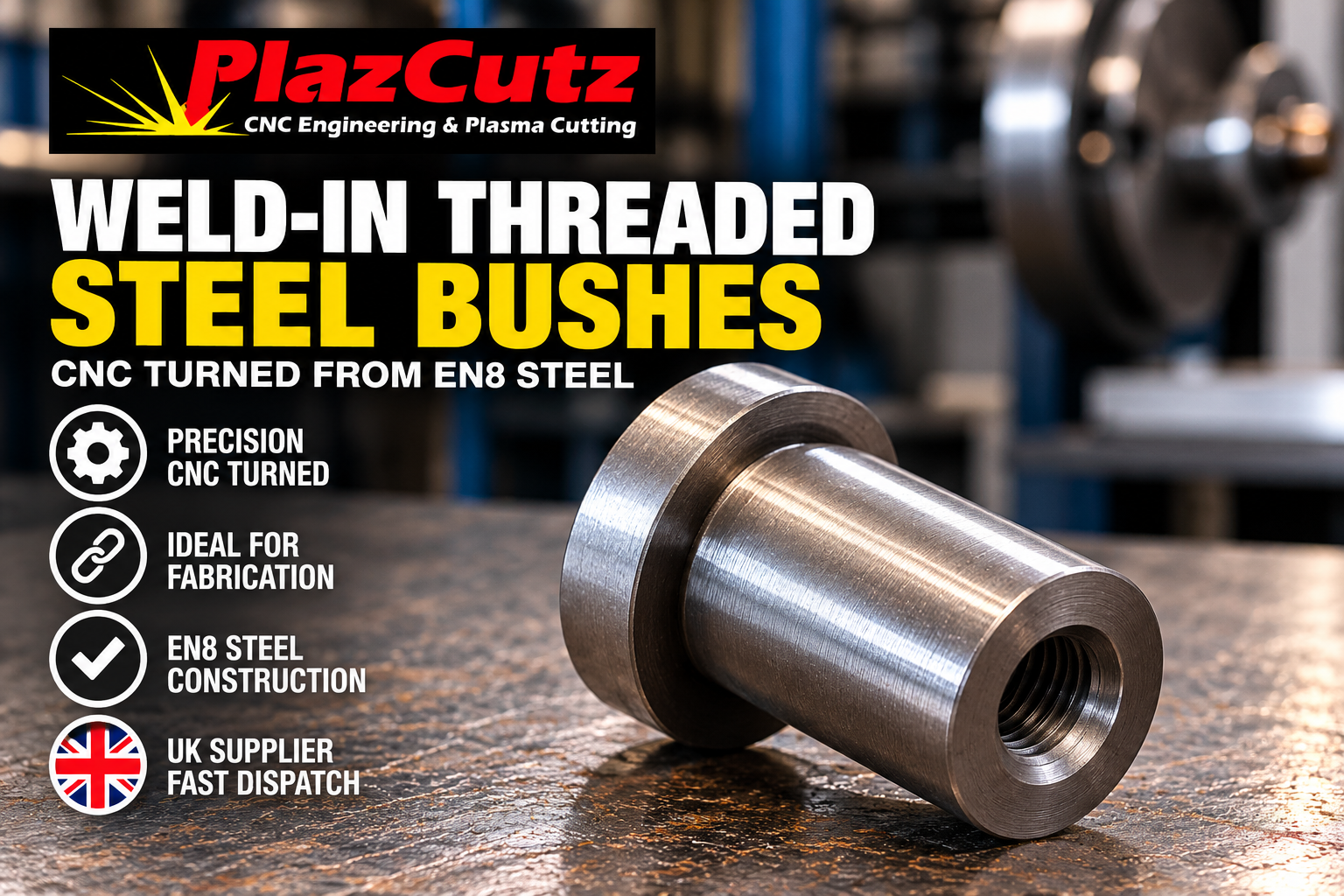 EN8 weld-in threaded steel top hat bush, precision CNC turned by PlazCutz in Lancashire, UK, for fabrication and engineering applications.