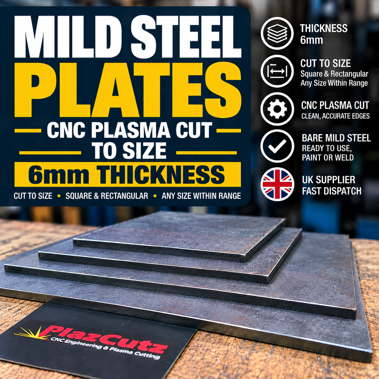 6mm S275 mild steel plates CNC plasma cut to size. Square and rectangular unfinished steel plate stock supplied by PlazCutz for engineering and fabrication.