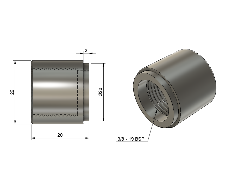 Technical drawing of a 3/8 BSP female aluminium weld-on boss showing 22mm body diameter, 20mm length and 2mm stepped section.